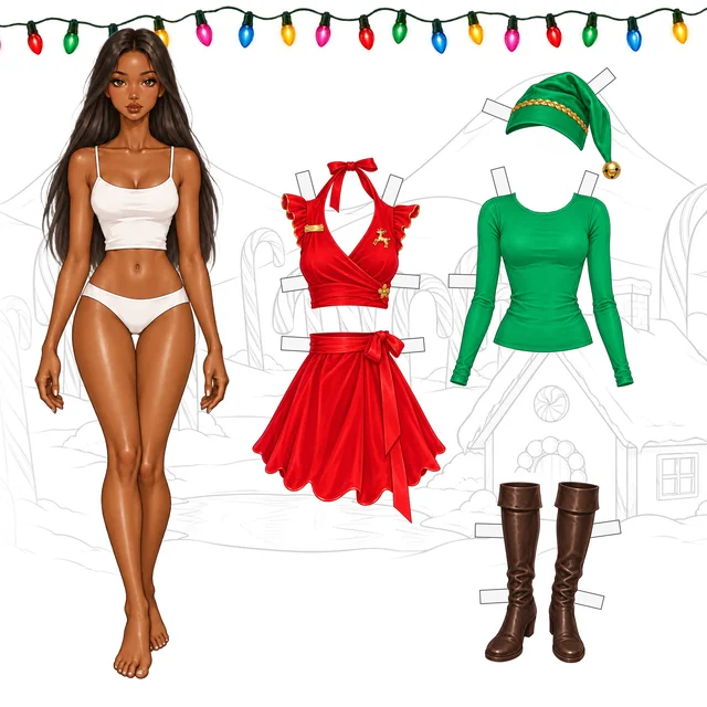Paper doll sheet with a red two-piece holiday outfit, green elf hat, green shirt and brown boots